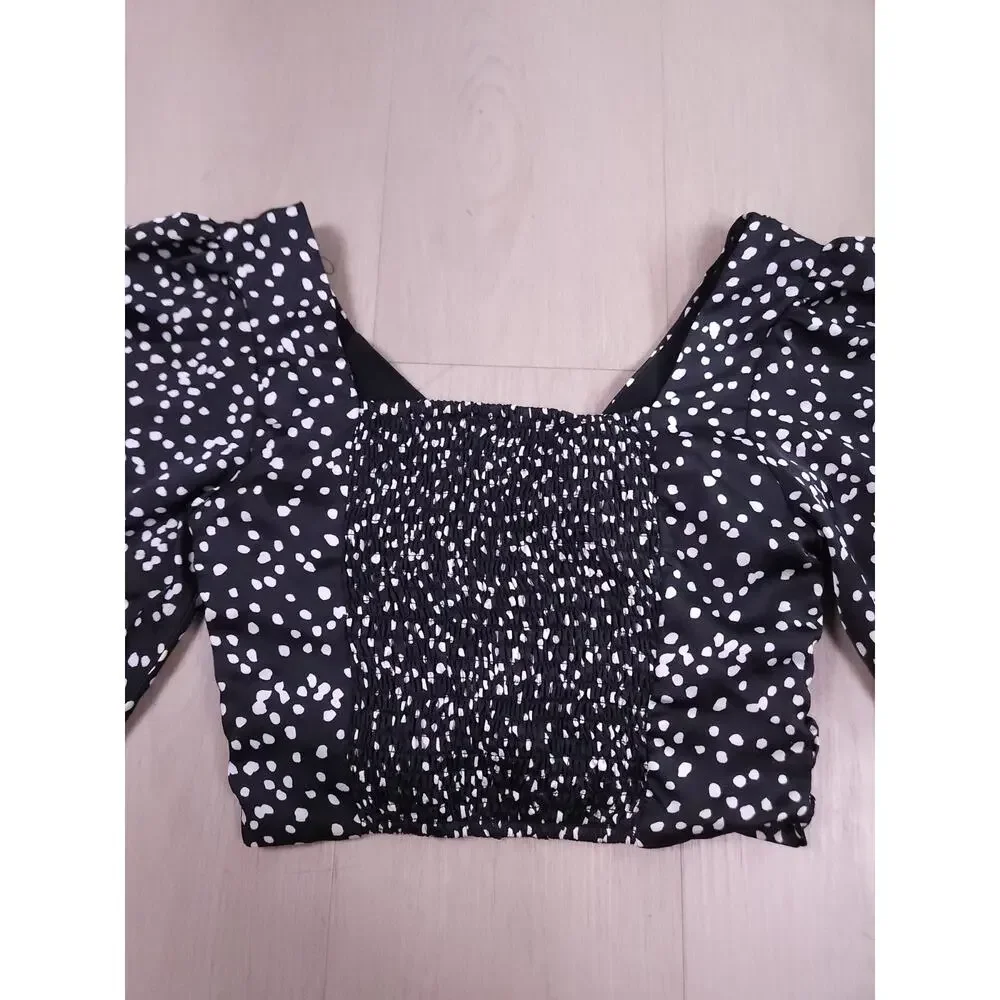 INTHEBEGINNING Los Angeles Puff Sleeve Polka Dot Crop Top – Black/White, Size S - Picture 11 of 12